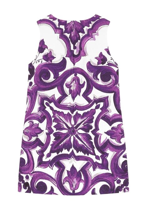 Sleeveless Straw-Texture Dress with Purple Maiolica Print DOLCE & GABBANA KIDS | L54DH1-FPFSOIP3TN